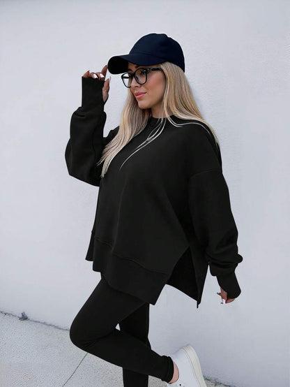 SHEIN LUNE Women's Solid Color Round Neck Drop Shoulder Long Sleeve Cardigan, Versatile 2 Pieces Set