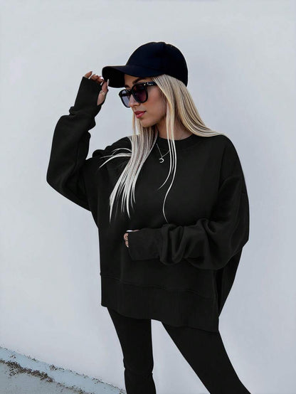 SHEIN LUNE Women's Solid Color Round Neck Drop Shoulder Long Sleeve Cardigan, Versatile 2 Pieces Set