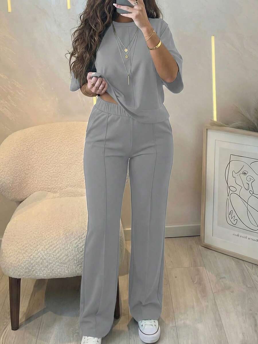 Women's 2 Pieces Casual Outfit, Comfortable Solid Color Short Sleeve Top Paired With Elastic Waist Pocket Pants, Soft Polyester-Spandex Fabric, Spring/Summer Elegant