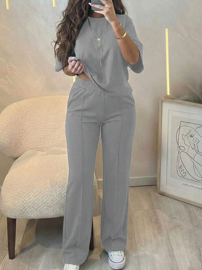 Women's 2 Pieces Casual Outfit, Comfortable Solid Color Short Sleeve Top Paired With Elastic Waist Pocket Pants, Soft Polyester-Spandex Fabric, Spring/Summer Elegant