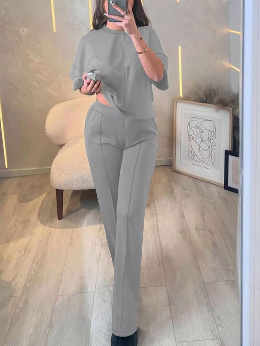 Women's 2 Pieces Casual Outfit, Comfortable Solid Color Short Sleeve Top Paired With Elastic Waist Pocket Pants, Soft Polyester-Spandex Fabric, Spring/Summer Elegant