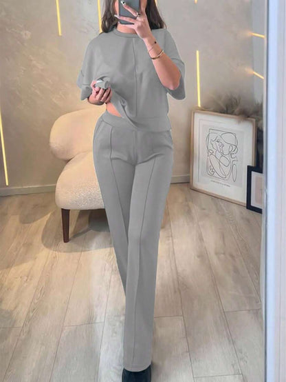 Women's 2 Pieces Casual Outfit, Comfortable Solid Color Short Sleeve Top Paired With Elastic Waist Pocket Pants, Soft Polyester-Spandex Fabric, Spring/Summer Elegant
