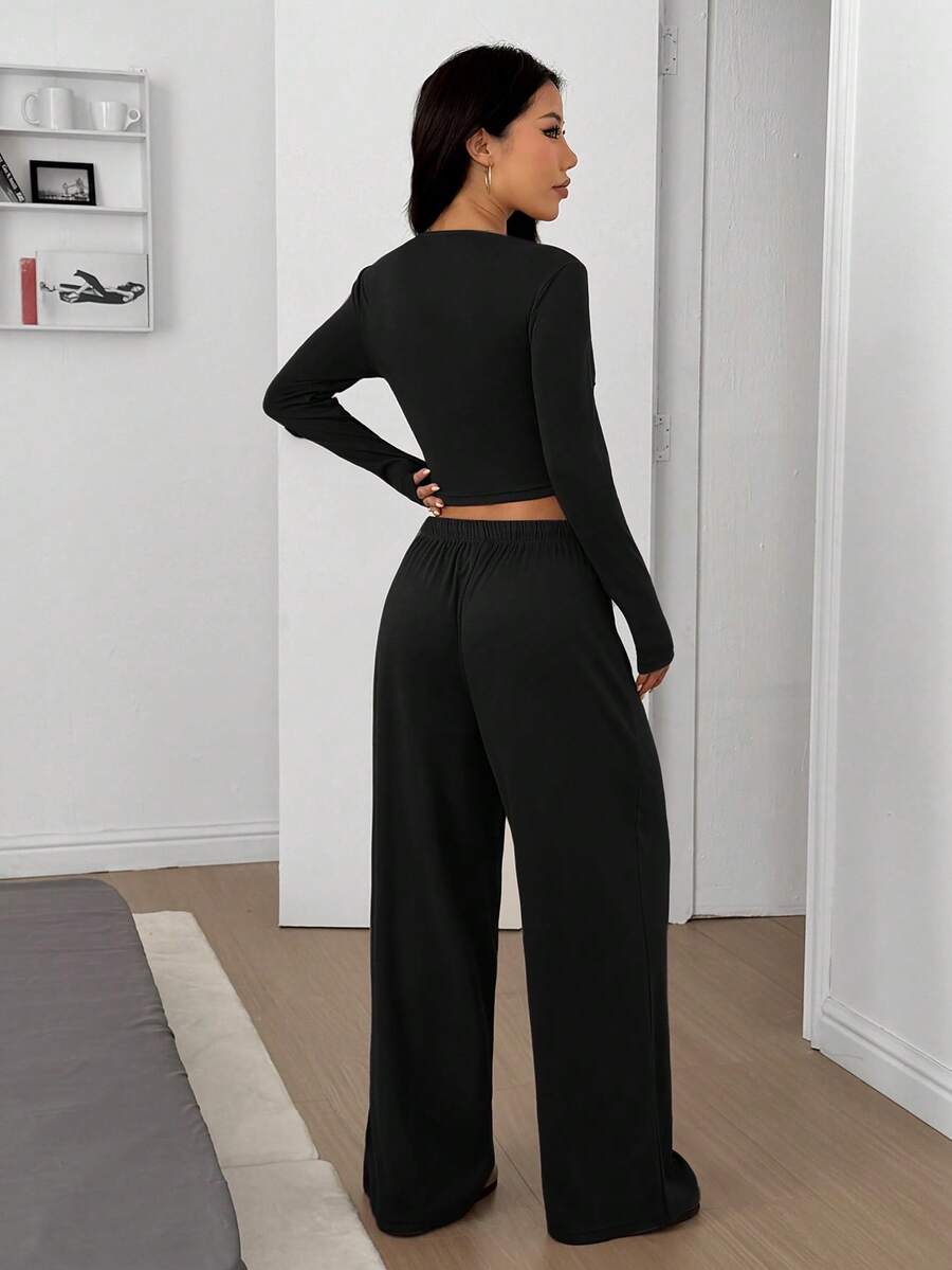 SHEIN EZwear Women's Solid Black Knit Casual Long Sleeve Top And Pants Homewear Set Woman 2 Pieces Outfits 2 Pieces Casual Sets Woman