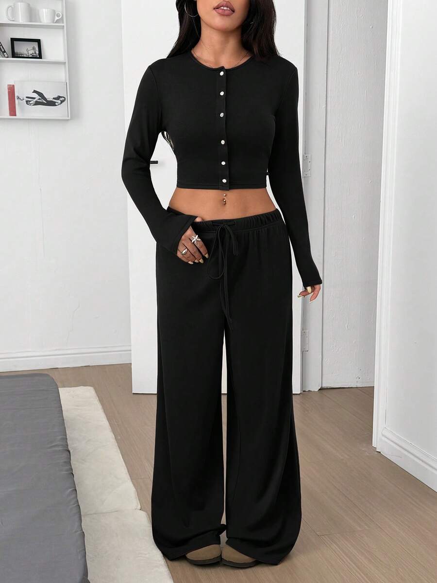 SHEIN EZwear Women's Solid Black Knit Casual Long Sleeve Top And Pants Homewear Set Woman 2 Pieces Outfits 2 Pieces Casual Sets Woman