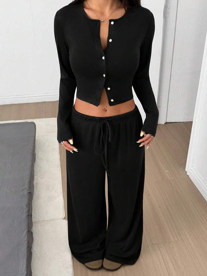 SHEIN EZwear Women's Solid Black Knit Casual Long Sleeve Top And Pants Homewear Set Woman 2 Pieces Outfits 2 Pieces Casual Sets Woman