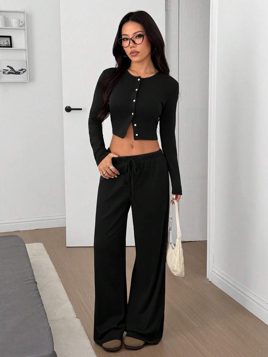 SHEIN EZwear Women's Solid Black Knit Casual Long Sleeve Top And Pants Homewear Set Woman 2 Pieces Outfits 2 Pieces Casual Sets Woman