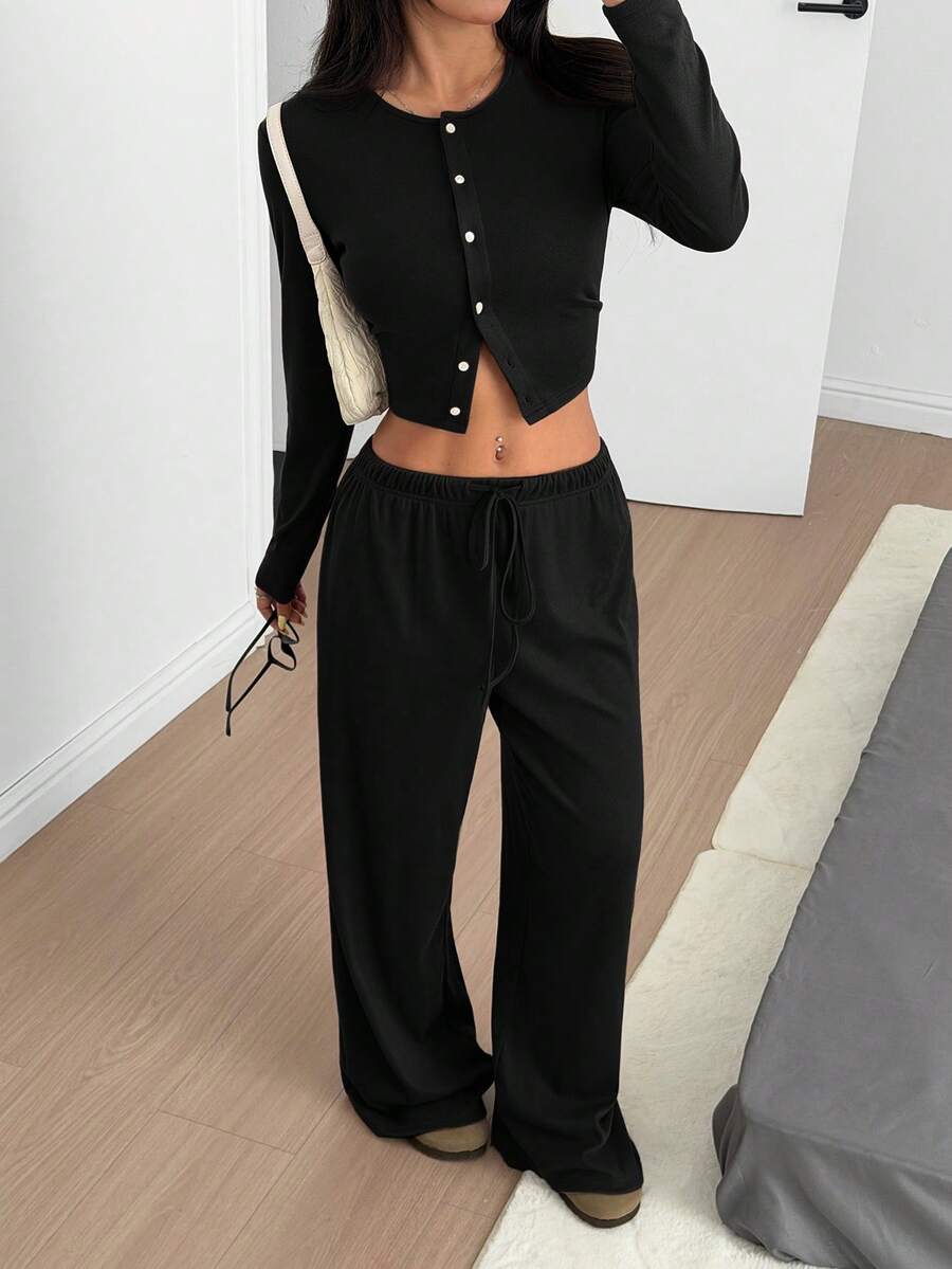 SHEIN EZwear Women's Solid Black Knit Casual Long Sleeve Top And Pants Homewear Set Woman 2 Pieces Outfits 2 Pieces Casual Sets Woman