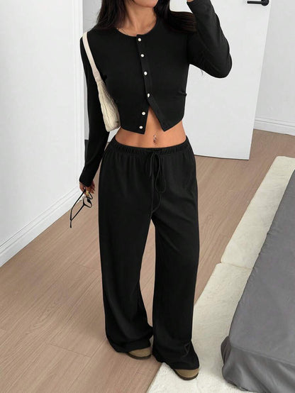 SHEIN EZwear Women's Solid Black Knit Casual Long Sleeve Top And Pants Homewear Set Woman 2 Pieces Outfits 2 Pieces Casual Sets Woman