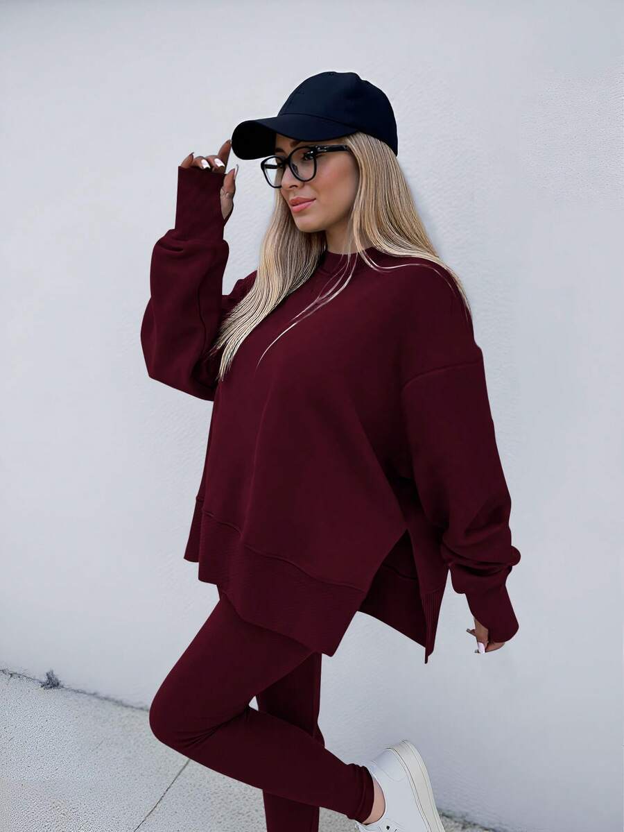 SHEIN LUNE Women's Solid Color Round Neck Drop Shoulder Long Sleeve Cardigan, Versatile 2 Pieces Set