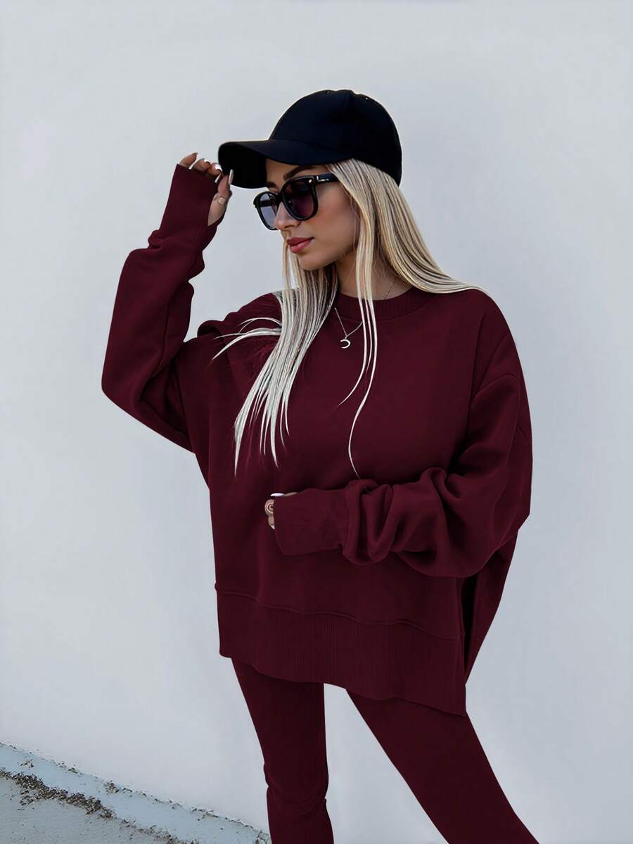 SHEIN LUNE Women's Solid Color Round Neck Drop Shoulder Long Sleeve Cardigan, Versatile 2 Pieces Set