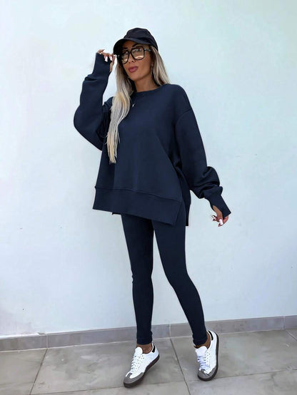 SHEIN LUNE Women's Solid Color Round Neck Drop Shoulder Long Sleeve Cardigan, Versatile 2 Pieces Set