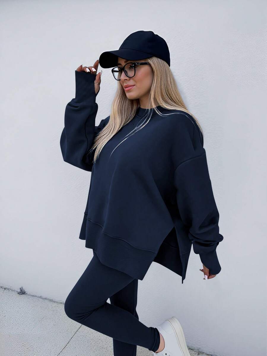SHEIN LUNE Women's Solid Color Round Neck Drop Shoulder Long Sleeve Cardigan, Versatile 2 Pieces Set