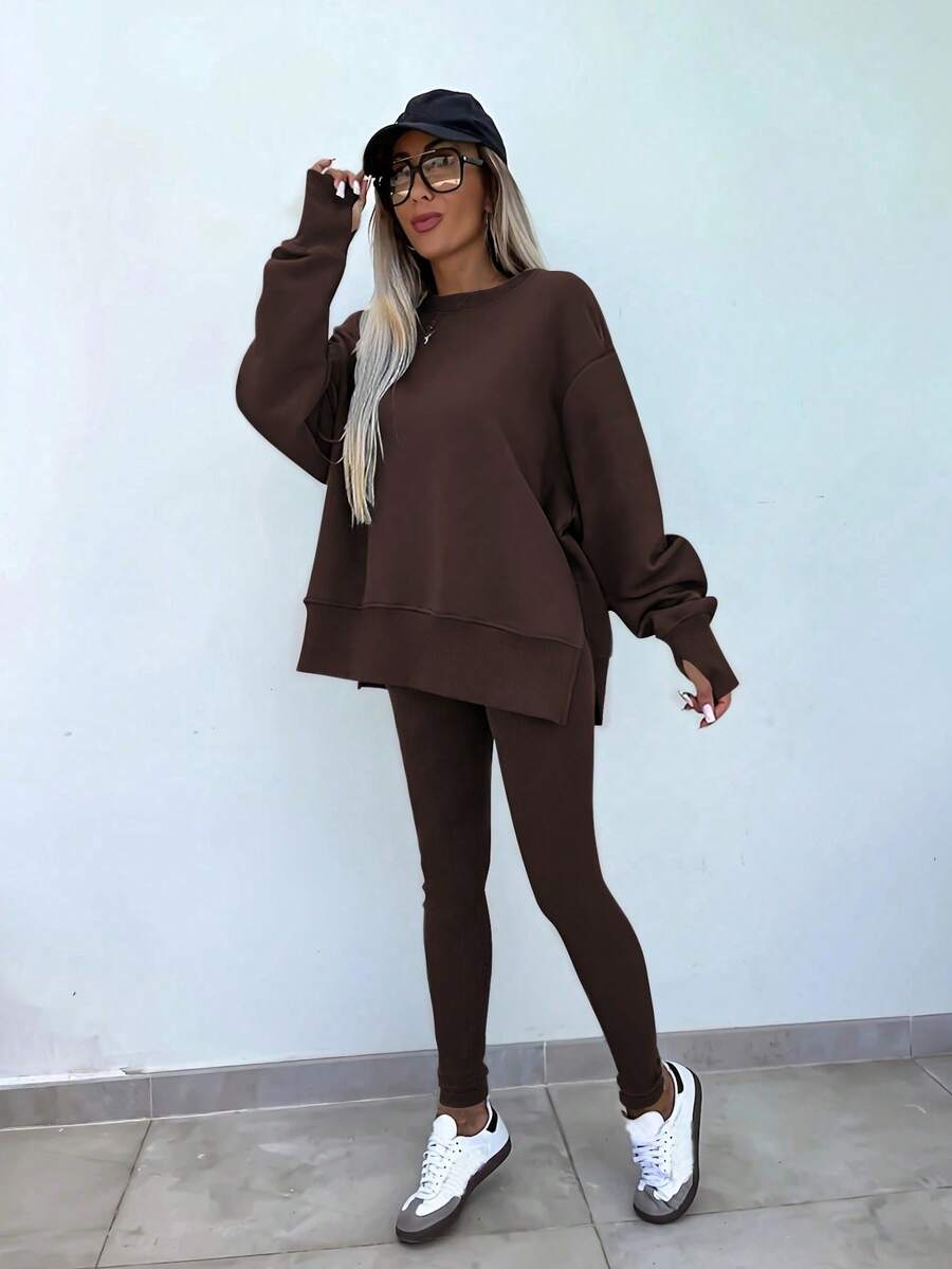 SHEIN LUNE Women's Solid Color Round Neck Drop Shoulder Long Sleeve Cardigan, Versatile 2 Pieces Set