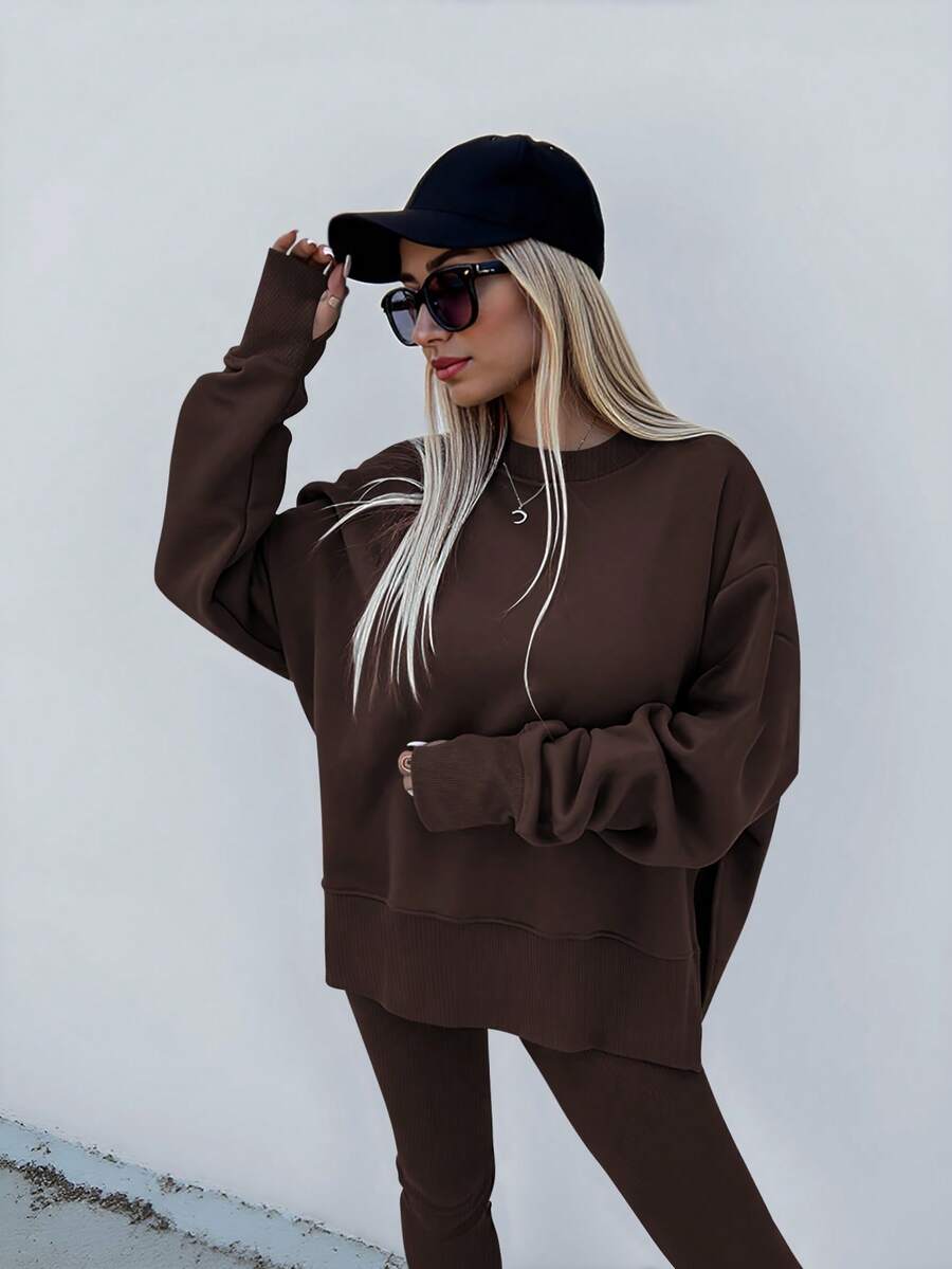 SHEIN LUNE Women's Solid Color Round Neck Drop Shoulder Long Sleeve Cardigan, Versatile 2 Pieces Set