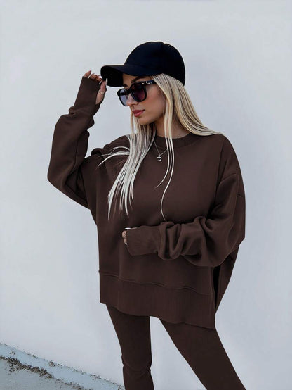 SHEIN LUNE Women's Solid Color Round Neck Drop Shoulder Long Sleeve Cardigan, Versatile 2 Pieces Set
