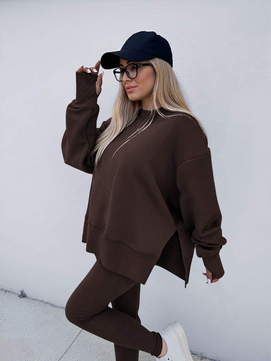 SHEIN LUNE Women's Solid Color Round Neck Drop Shoulder Long Sleeve Cardigan, Versatile 2 Pieces Set