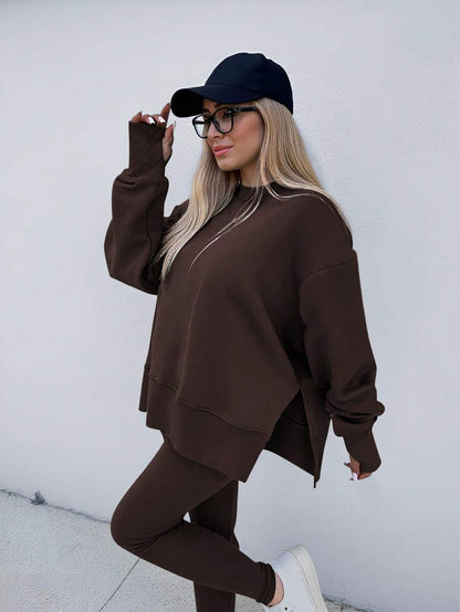 SHEIN LUNE Women's Solid Color Round Neck Drop Shoulder Long Sleeve Cardigan, Versatile 2 Pieces Set