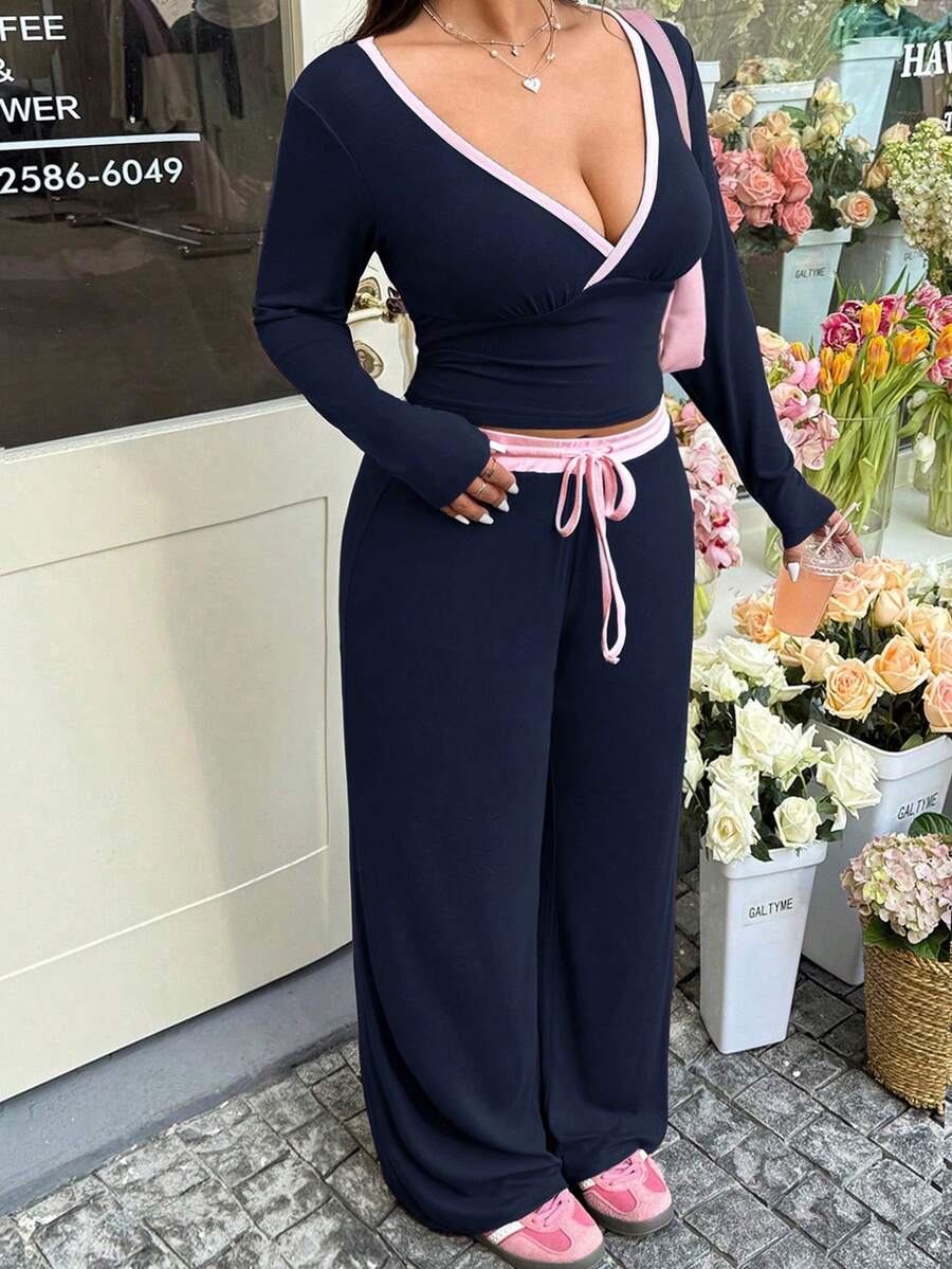 GalTyme Plus Size Contrast Color Long Sleeve Top & Pants 2 Pieces Set,Cerise Pink,Autumn,Smart Casual,Everyday,Chic Elegant Y2k Party Christmas Vacation Fall