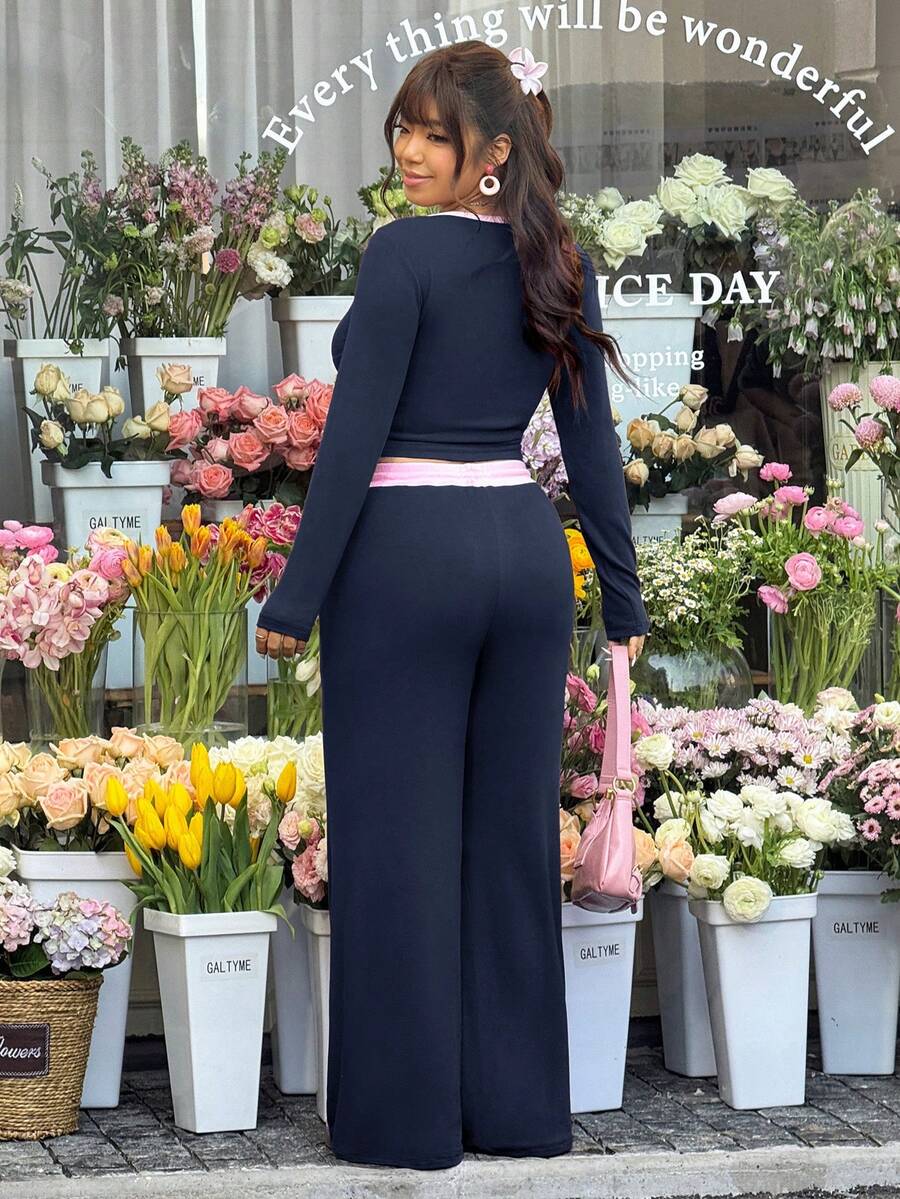 GalTyme Plus Size Contrast Color Long Sleeve Top & Pants 2 Pieces Set,Cerise Pink,Autumn,Smart Casual,Everyday,Chic Elegant Y2k Party Christmas Vacation Fall