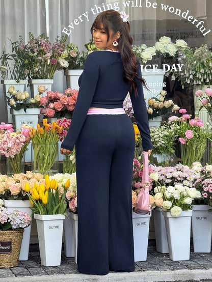 GalTyme Plus Size Contrast Color Long Sleeve Top & Pants 2 Pieces Set,Cerise Pink,Autumn,Smart Casual,Everyday,Chic Elegant Y2k Party Christmas Vacation Fall