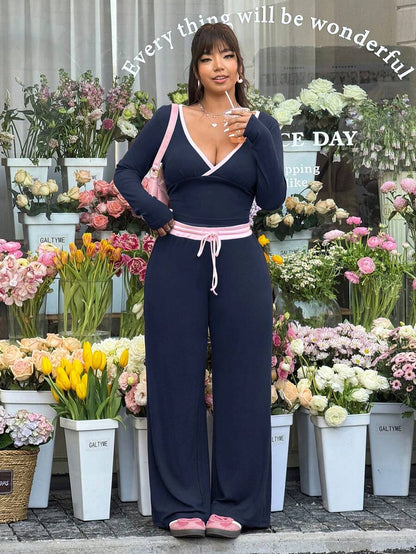 GalTyme Plus Size Contrast Color Long Sleeve Top & Pants 2 Pieces Set,Cerise Pink,Autumn,Smart Casual,Everyday,Chic Elegant Y2k Party Christmas Vacation Fall