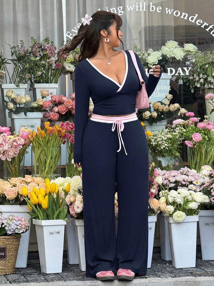 GalTyme Plus Size Contrast Color Long Sleeve Top & Pants 2 Pieces Set,Cerise Pink,Autumn,Smart Casual,Everyday,Chic Elegant Y2k Party Christmas Vacation Fall
