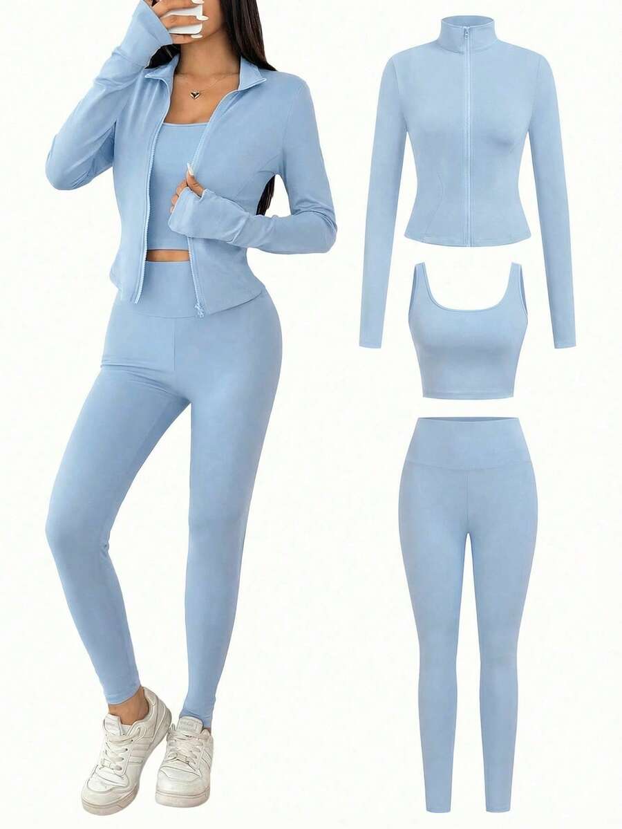 SHEIN EZwear Black Knit Women Zip-Up Cardigan + Camisole + Pants 3Pcs Sportswear Casual Set Gym Workout Autumn