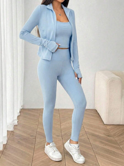 SHEIN EZwear Black Knit Women Zip-Up Cardigan + Camisole + Pants 3Pcs Sportswear Casual Set Gym Workout Autumn