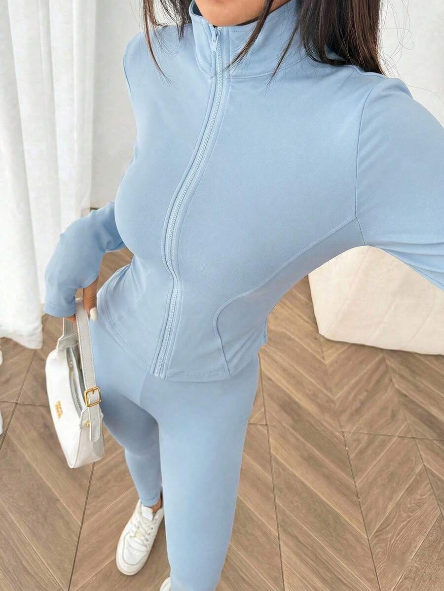 SHEIN EZwear Black Knit Women Zip-Up Cardigan + Camisole + Pants 3Pcs Sportswear Casual Set Gym Workout Autumn