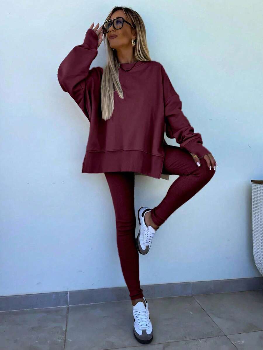 INAWLY 2pcs Women Solid Color Round Neck Drop Shoulder Long Sleeve Sweatshirt And Leggings Set