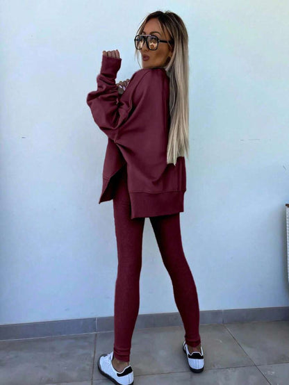 INAWLY 2pcs Women Solid Color Round Neck Drop Shoulder Long Sleeve Sweatshirt And Leggings Set