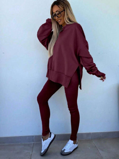 INAWLY 2pcs Women Solid Color Round Neck Drop Shoulder Long Sleeve Sweatshirt And Leggings Set