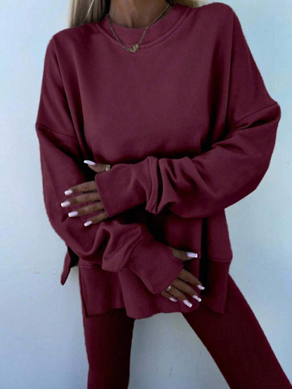 INAWLY 2pcs Women Solid Color Round Neck Drop Shoulder Long Sleeve Sweatshirt And Leggings Set