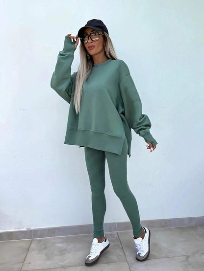 SHEIN LUNE Women's Solid Color Round Neck Drop Shoulder Long Sleeve Cardigan, Versatile 2 Pieces Set