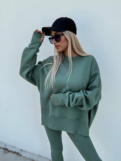 SHEIN LUNE Women's Solid Color Round Neck Drop Shoulder Long Sleeve Cardigan, Versatile 2 Pieces Set