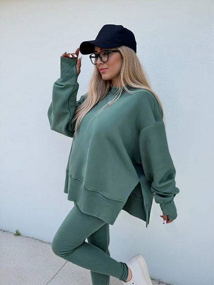SHEIN LUNE Women's Solid Color Round Neck Drop Shoulder Long Sleeve Cardigan, Versatile 2 Pieces Set