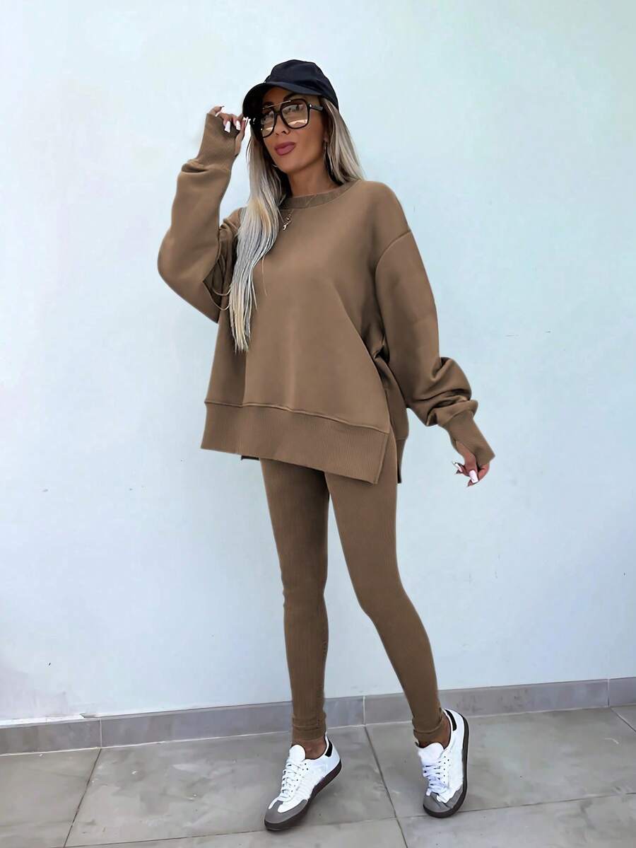 SHEIN LUNE Women's Solid Color Round Neck Drop Shoulder Long Sleeve Cardigan, Versatile 2 Pieces Set