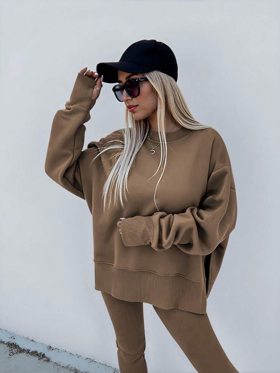 SHEIN LUNE Women's Solid Color Round Neck Drop Shoulder Long Sleeve Cardigan, Versatile 2 Pieces Set
