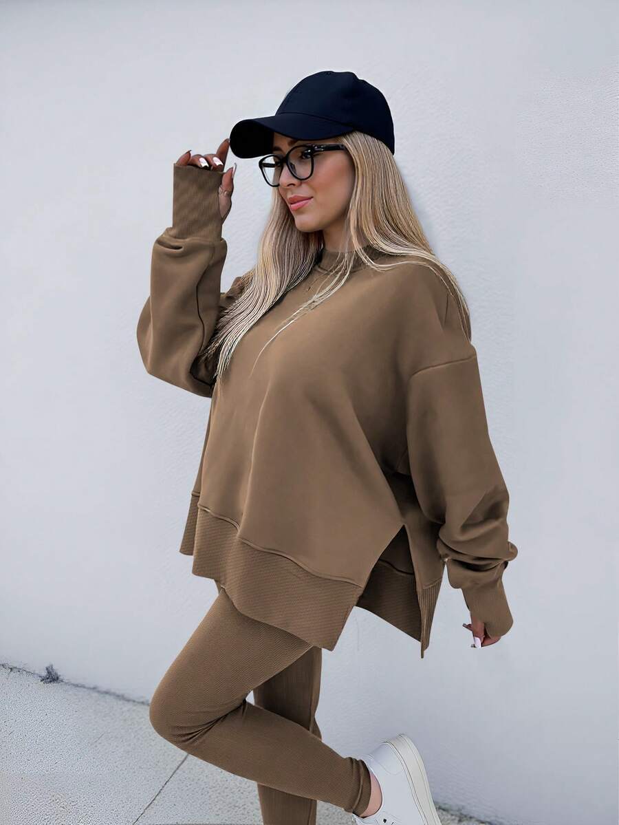 SHEIN LUNE Women's Solid Color Round Neck Drop Shoulder Long Sleeve Cardigan, Versatile 2 Pieces Set