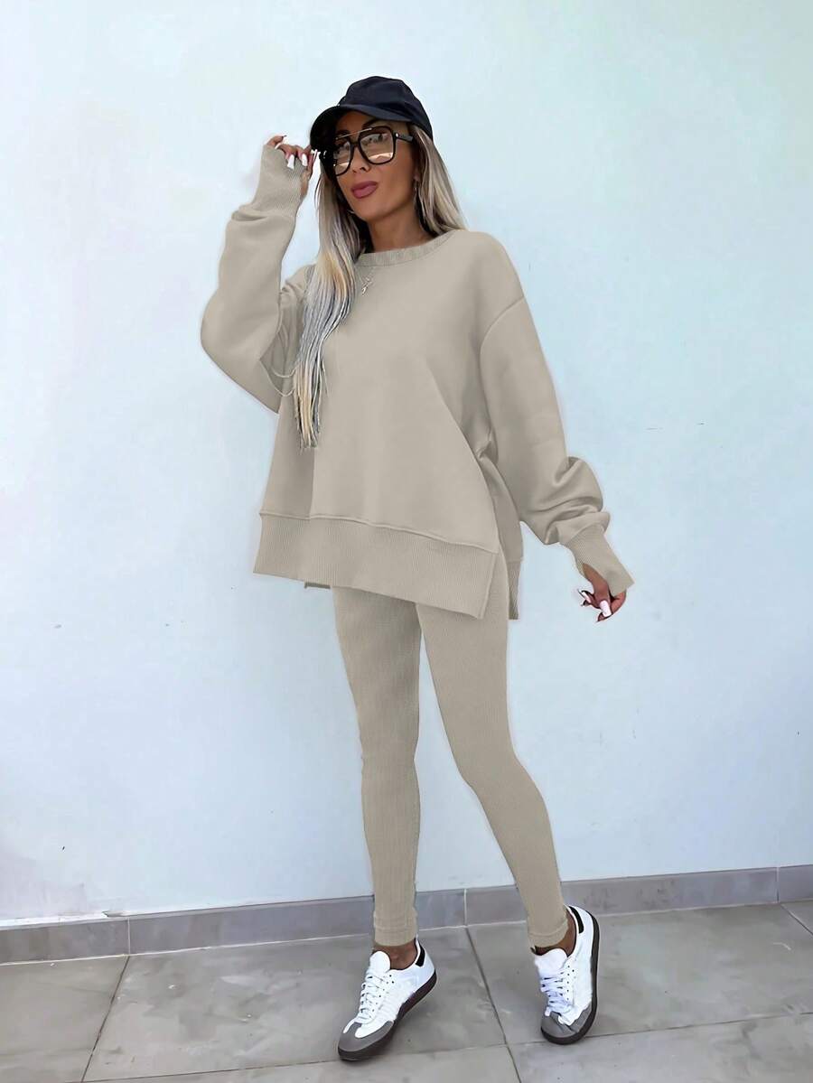 SHEIN LUNE Women's Solid Color Round Neck Drop Shoulder Long Sleeve Cardigan, Versatile 2 Pieces Set