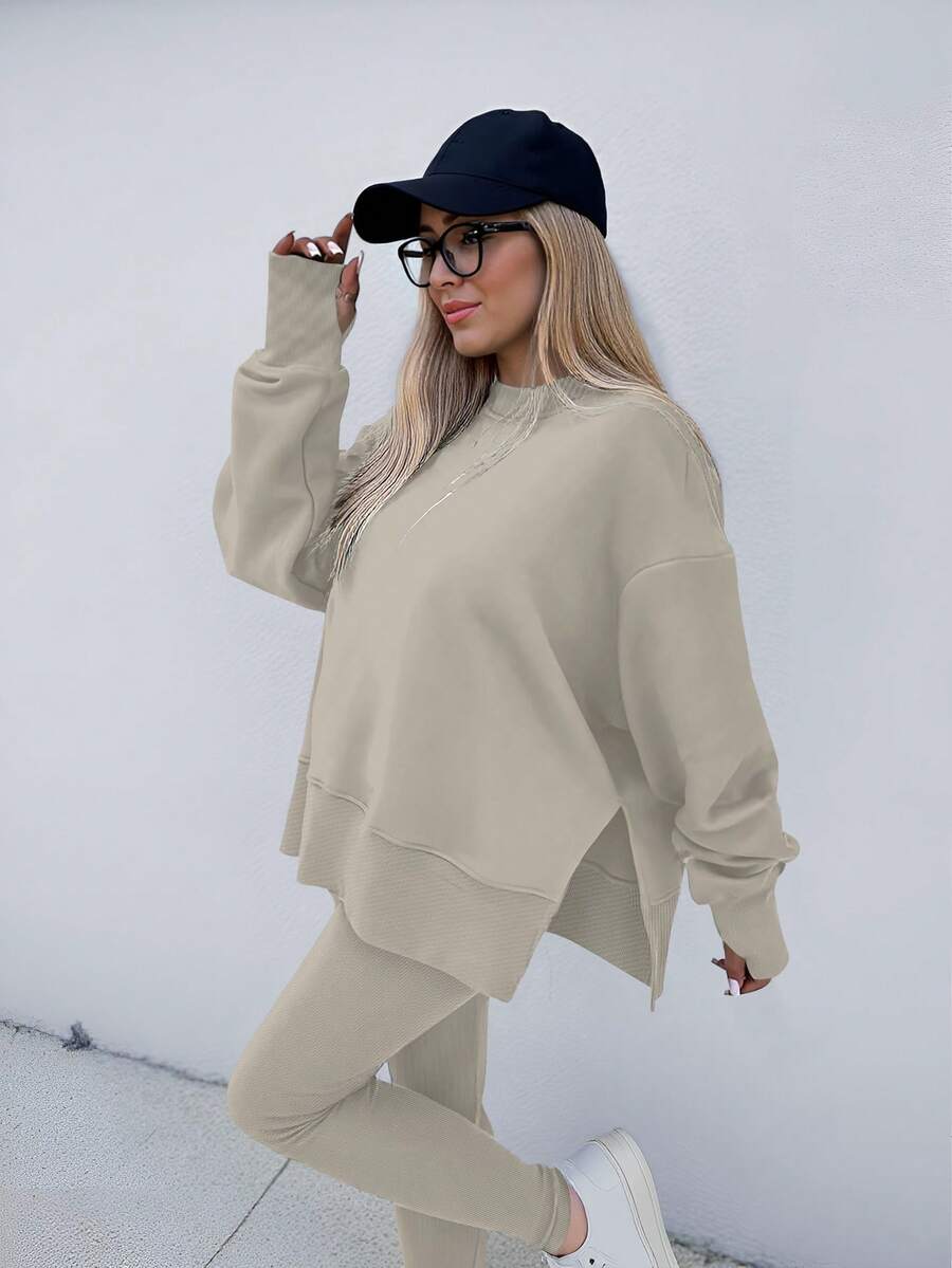 SHEIN LUNE Women's Solid Color Round Neck Drop Shoulder Long Sleeve Cardigan, Versatile 2 Pieces Set