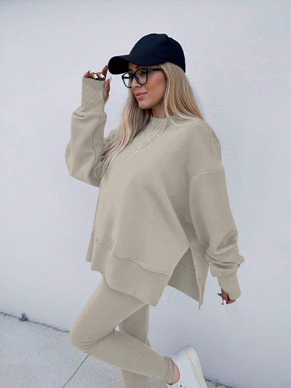 SHEIN LUNE Women's Solid Color Round Neck Drop Shoulder Long Sleeve Cardigan, Versatile 2 Pieces Set