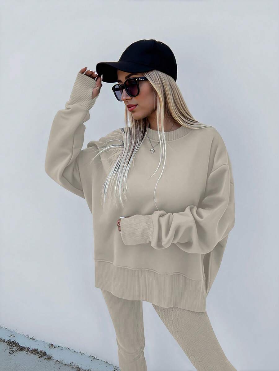 SHEIN LUNE Women's Solid Color Round Neck Drop Shoulder Long Sleeve Cardigan, Versatile 2 Pieces Set