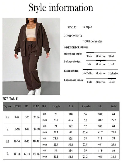 2pcs Solid Color Casual Zip-Up Hoodie Set Brown Elegant
