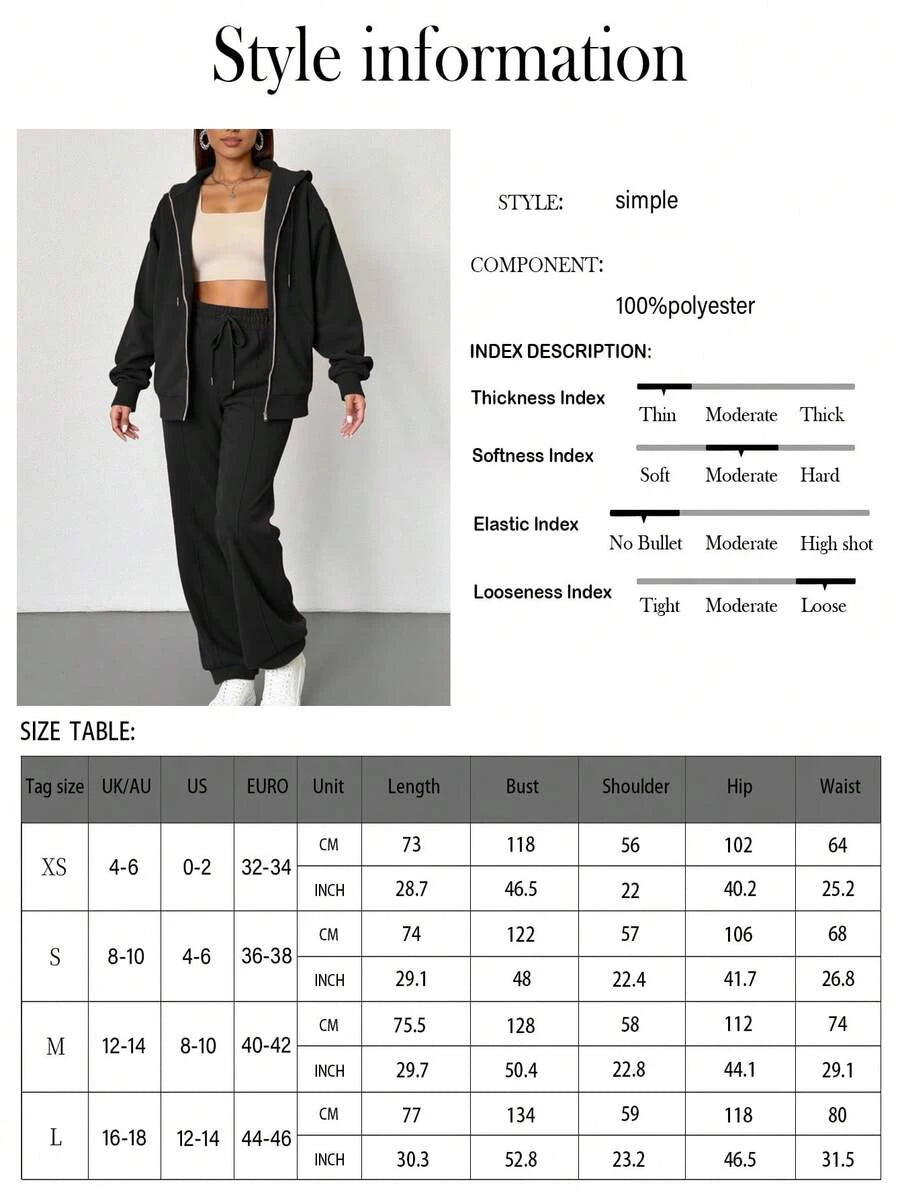 2pcs Solid Color Casual Zip-Up Hoodie Set Brown Elegant