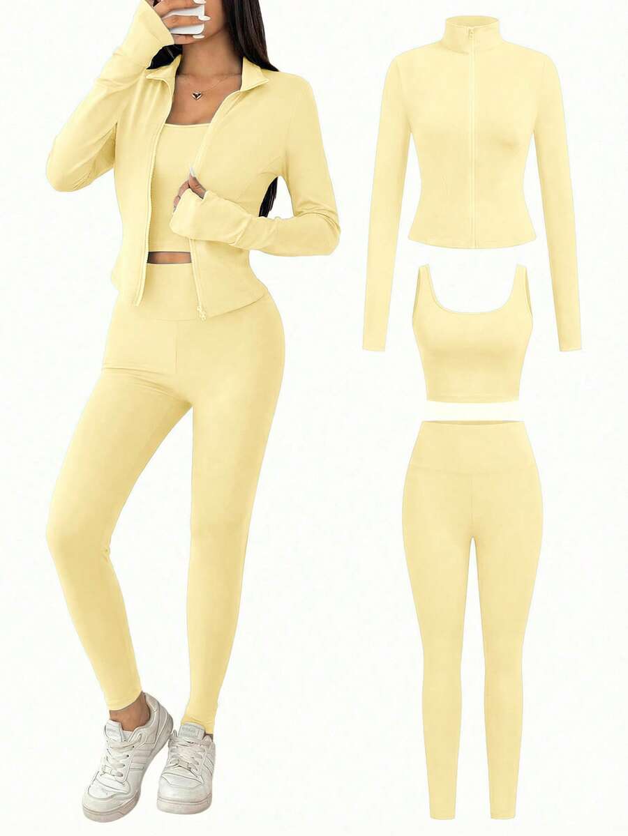 SHEIN EZwear Black Knit Women Zip-Up Cardigan + Camisole + Pants 3Pcs Sportswear Casual Set Gym Workout Autumn