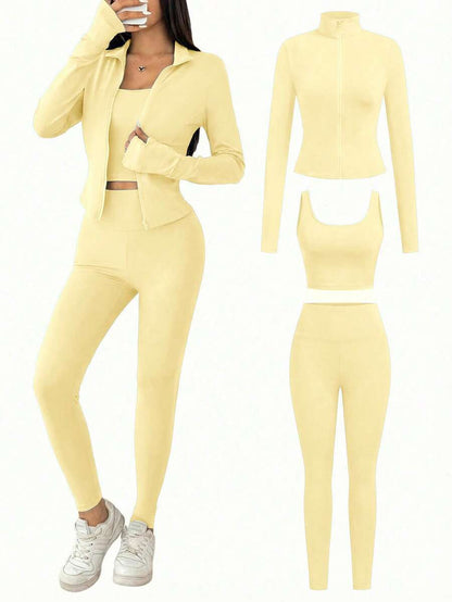 SHEIN EZwear Black Knit Women Zip-Up Cardigan + Camisole + Pants 3Pcs Sportswear Casual Set Gym Workout Autumn