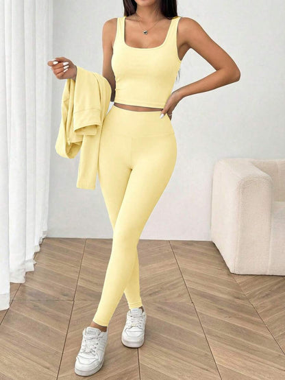 SHEIN EZwear Black Knit Women Zip-Up Cardigan + Camisole + Pants 3Pcs Sportswear Casual Set Gym Workout Autumn
