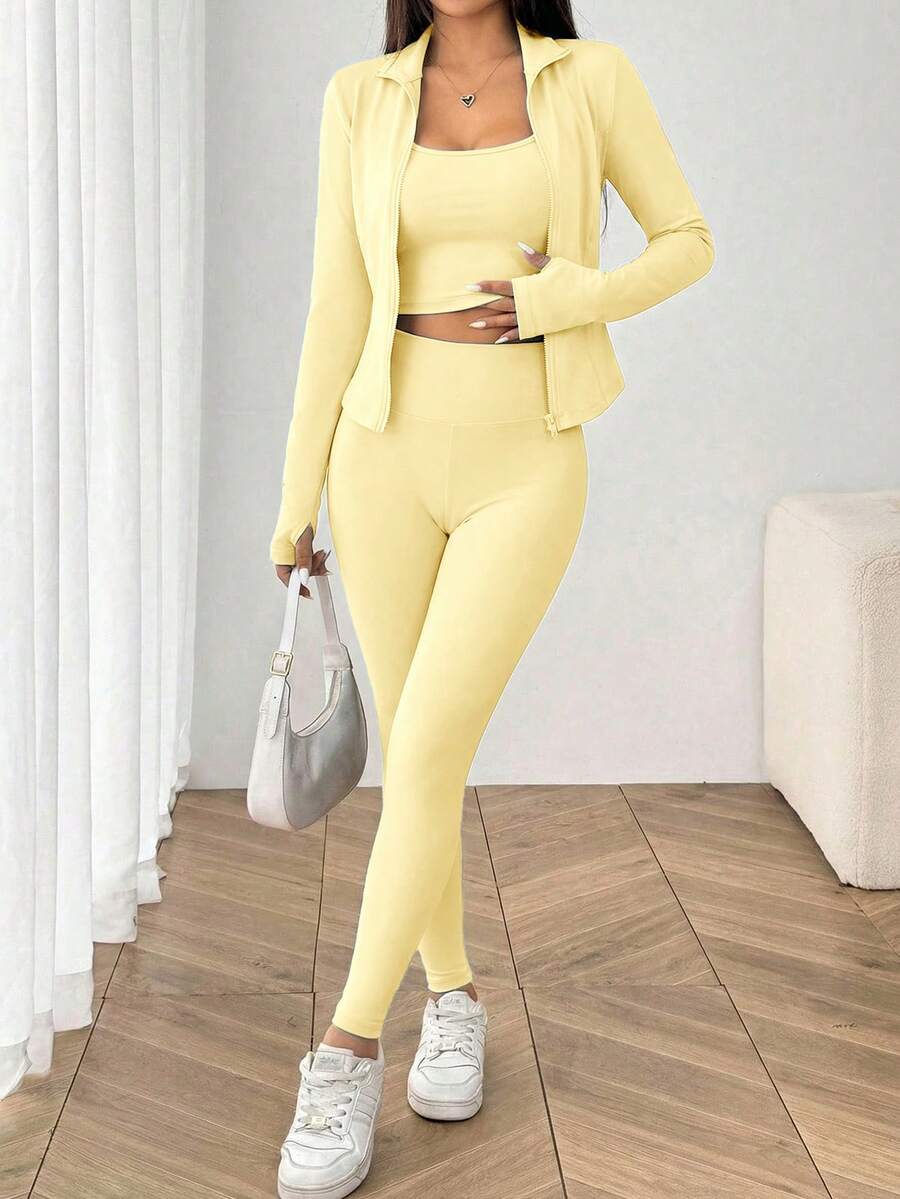 SHEIN EZwear Black Knit Women Zip-Up Cardigan + Camisole + Pants 3Pcs Sportswear Casual Set Gym Workout Autumn