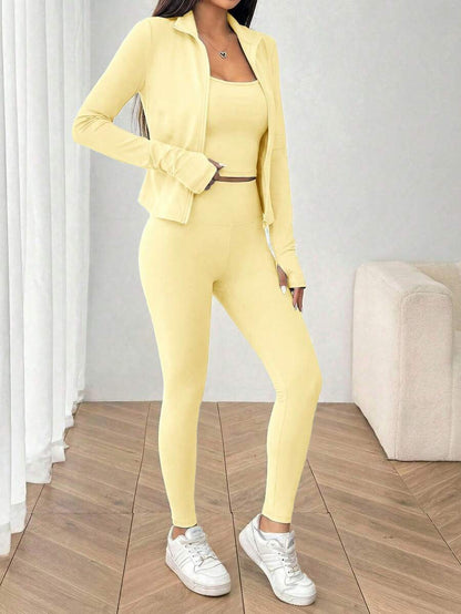 SHEIN EZwear Black Knit Women Zip-Up Cardigan + Camisole + Pants 3Pcs Sportswear Casual Set Gym Workout Autumn